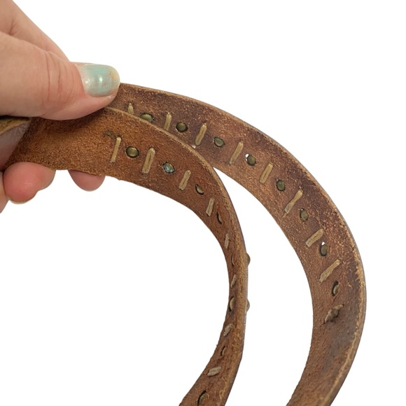 Vintage Brown Leather Belt Brass Studs Studded Boho Unique L XL - Picture 3 of 7